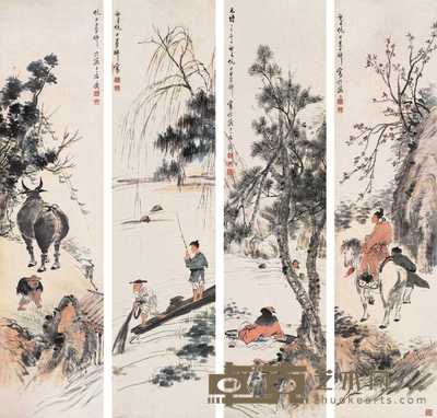 倪墨耕 松溪抚琴图等 四屏 136×34cm×4